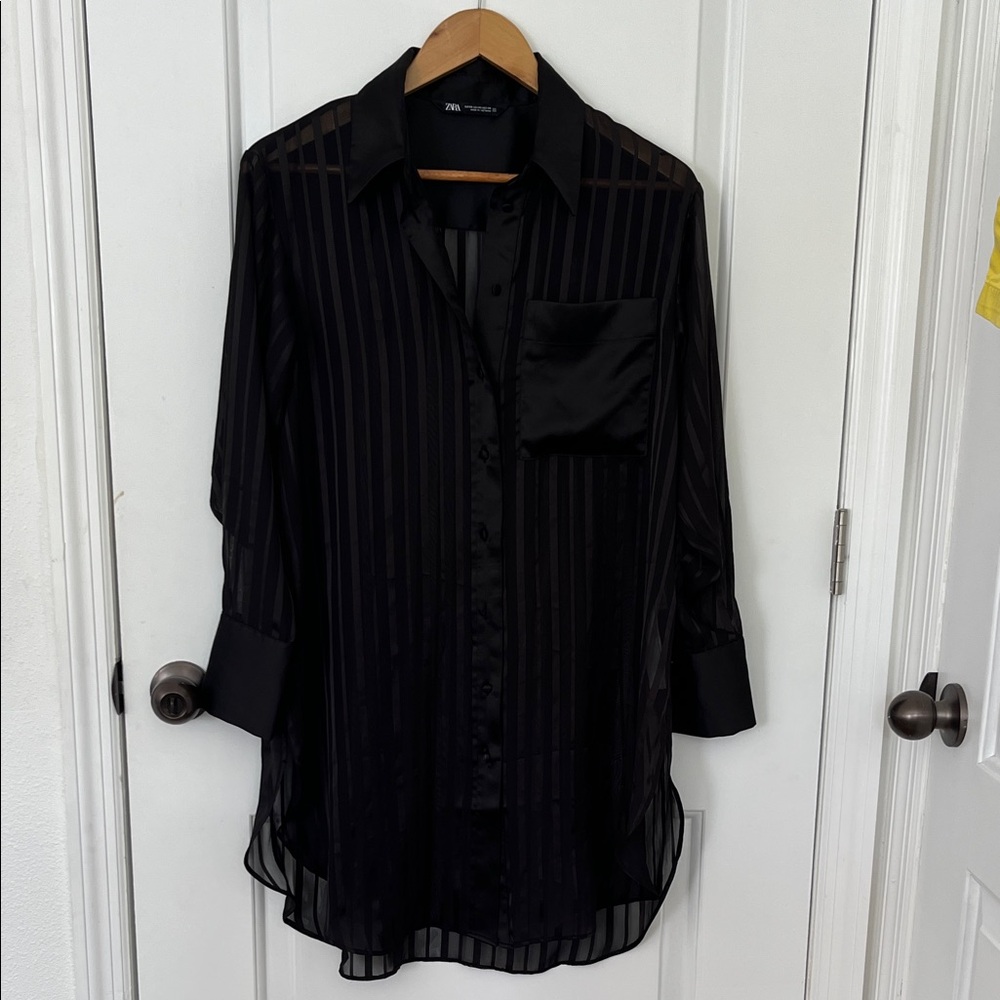 Zara Women’s Black Sheer Vertical-Stripe Button Down Shirt XS